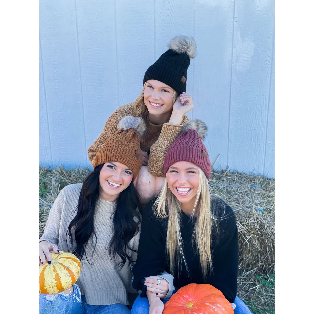 Solid Honeycomb Fur Pom CC Beanie