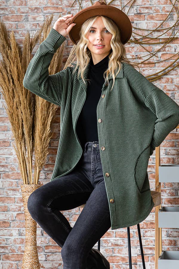 Button Down Side Pockets Long Sleeve Shacket