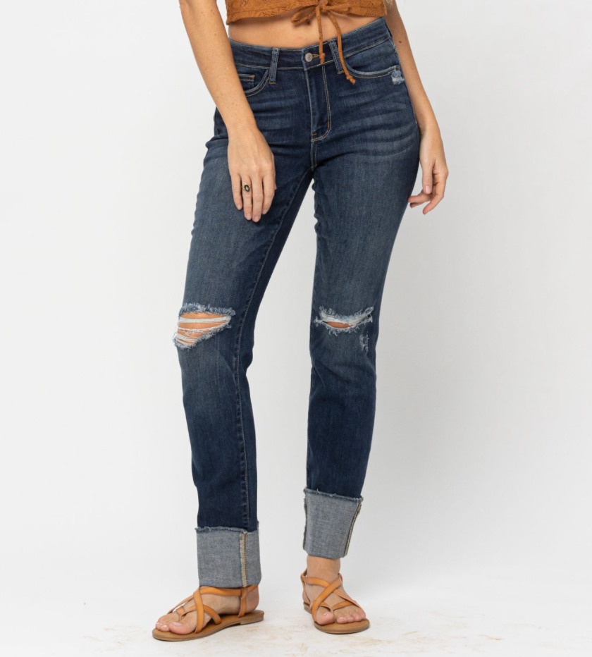 Judy Blue Be True to You Cuffed Straight Jeans, Dark Wash