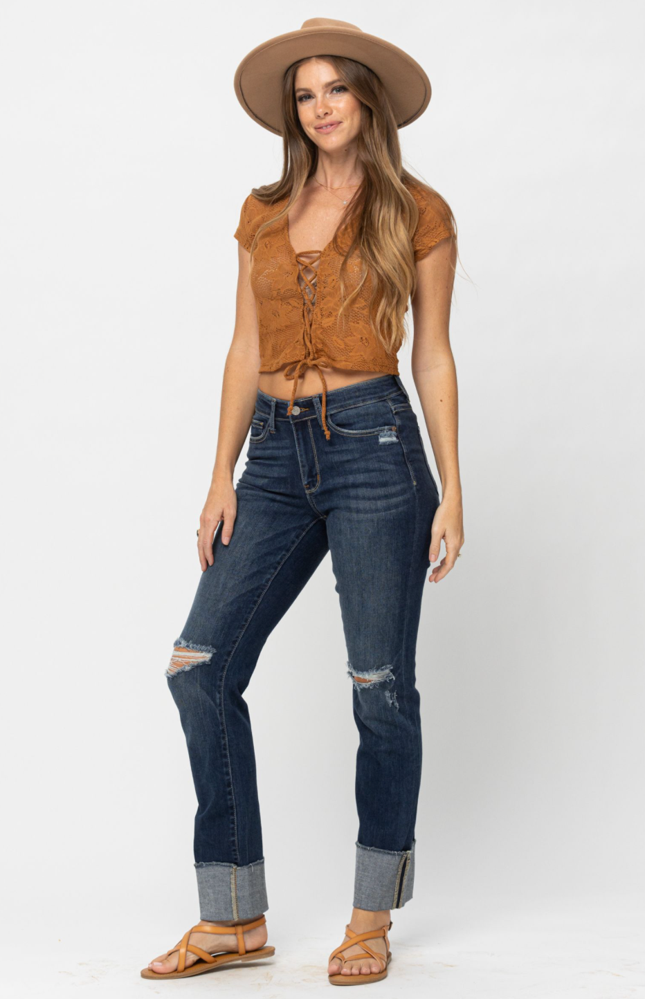 Judy Blue Be True to You Cuffed Straight Jeans, Dark Wash