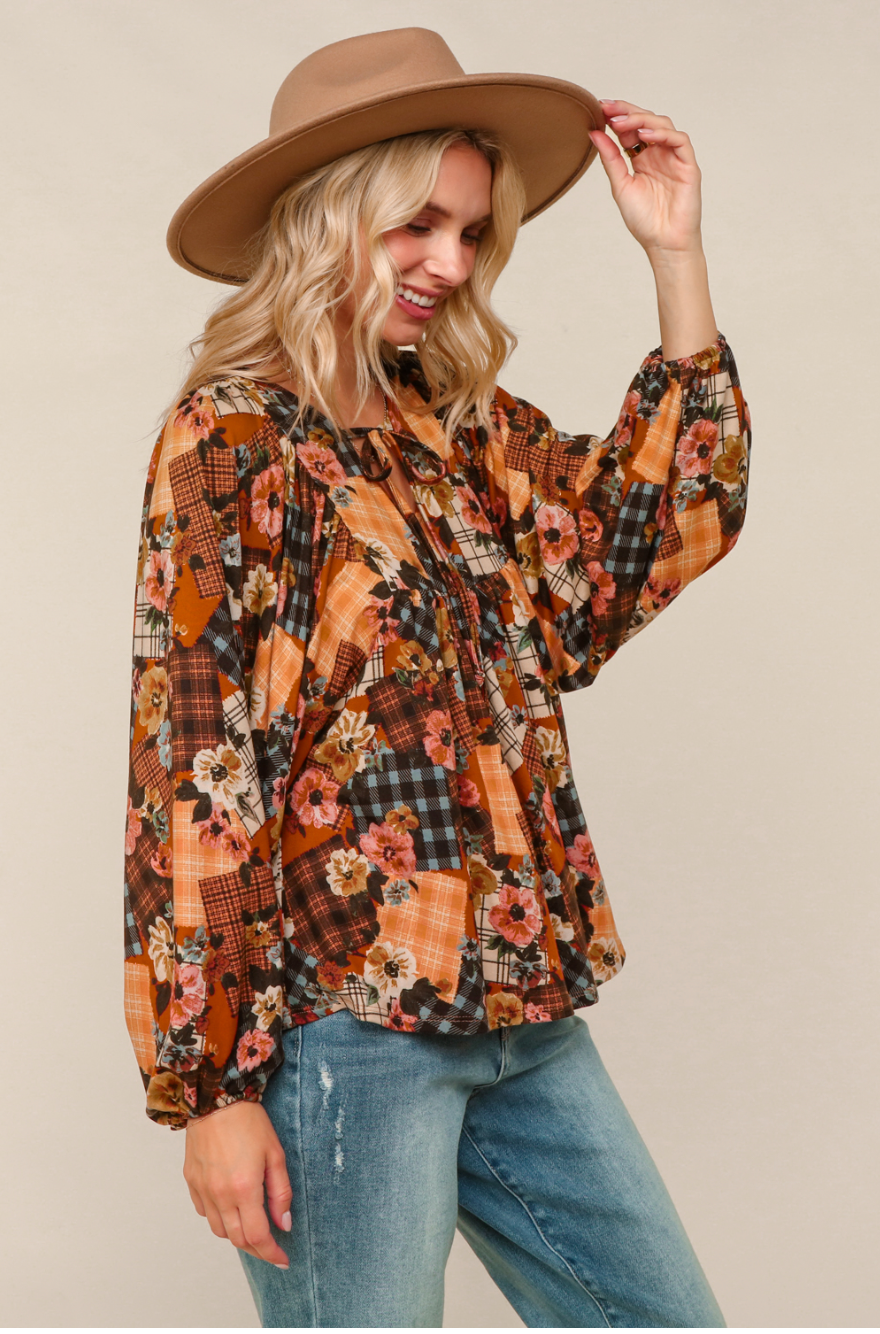 Bubble Sleeve Floral Print Top