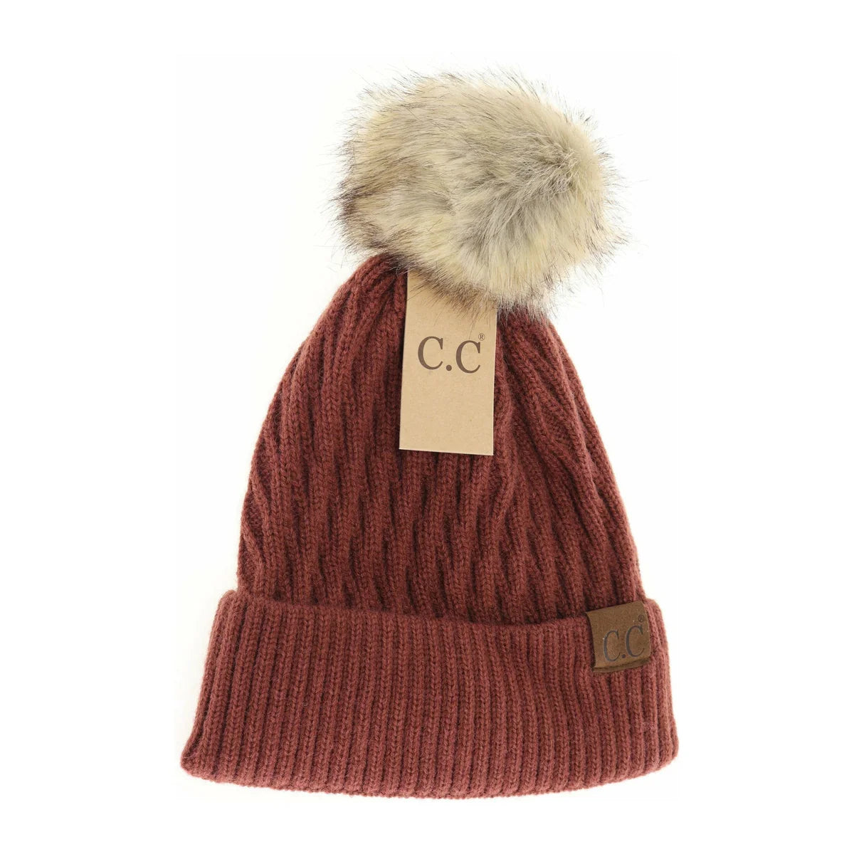 Solid Honeycomb Fur Pom CC Beanie