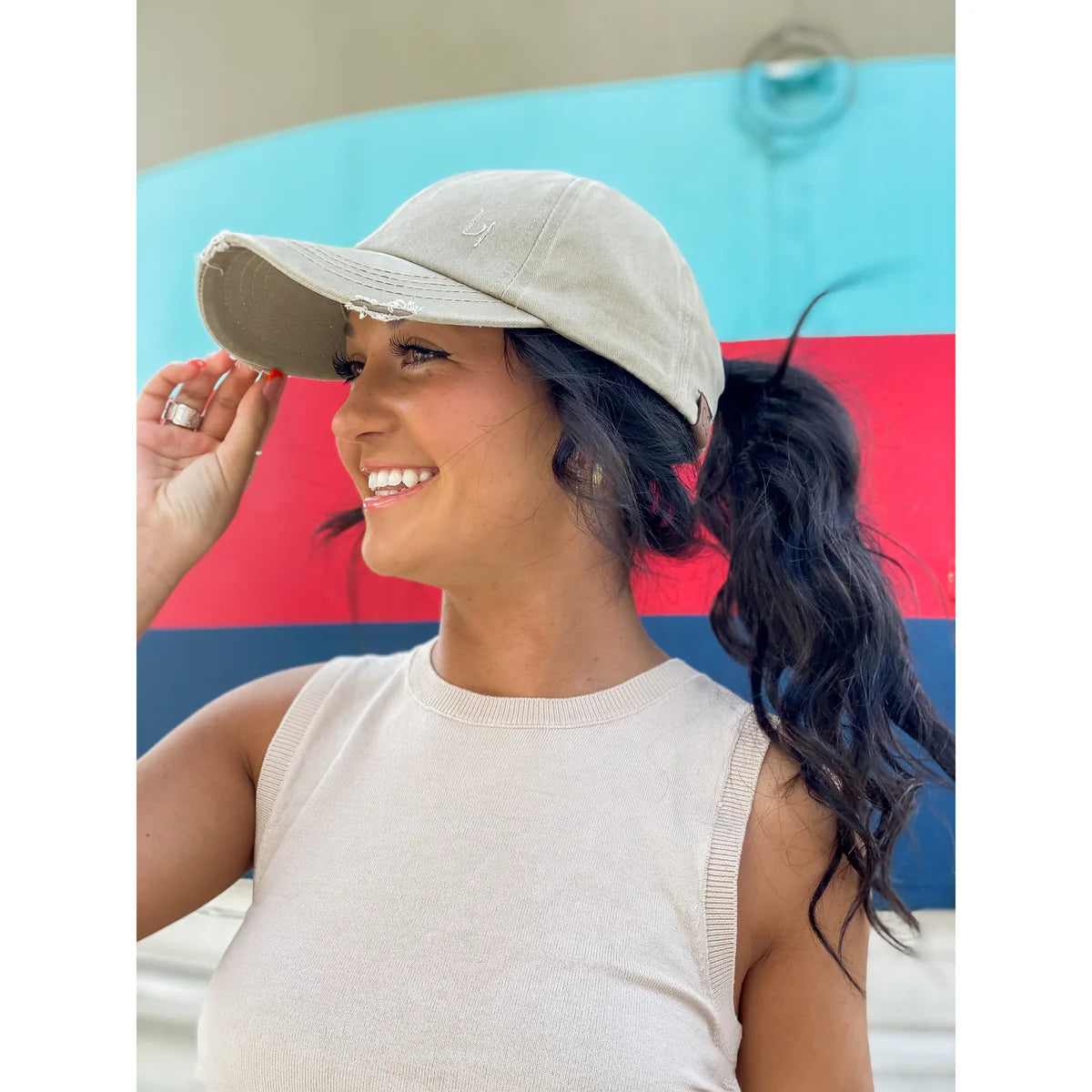Washed Denim Ponytail CC Ball Cap