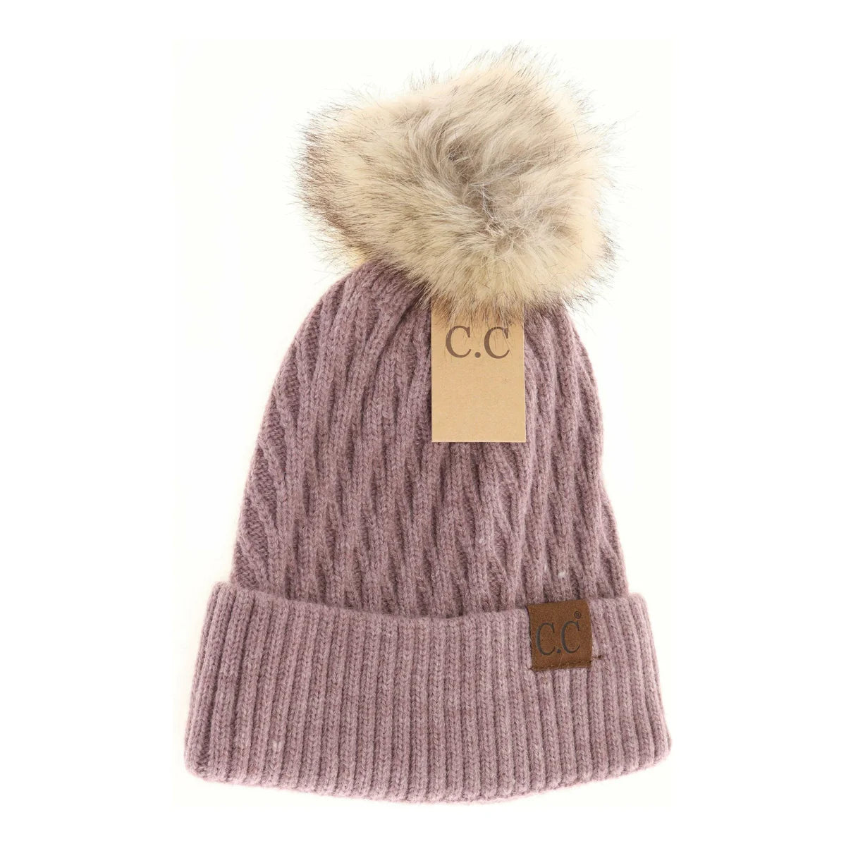 Solid Honeycomb Fur Pom CC Beanie