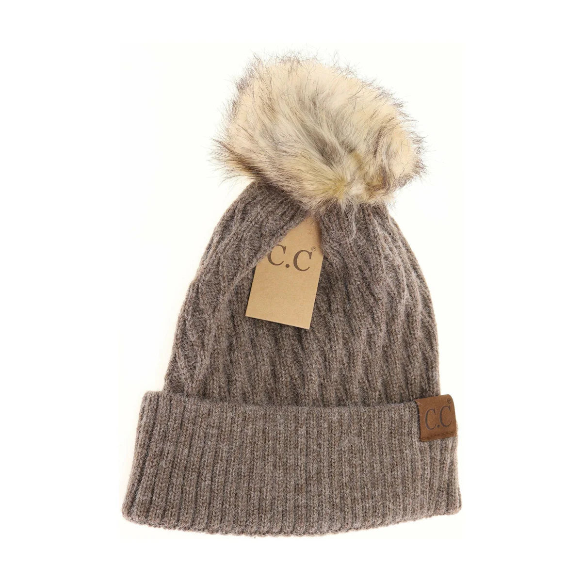 Solid Honeycomb Fur Pom CC Beanie