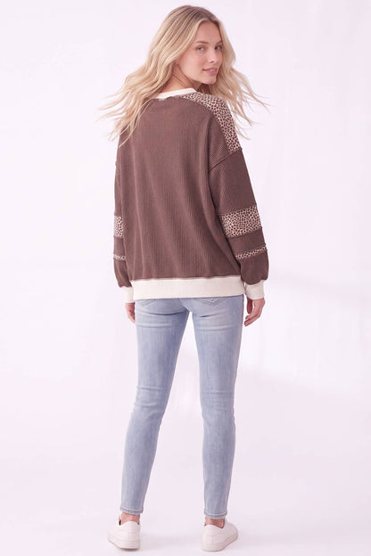[PLUS SIZE] Leopard Print Contrast ribbed Sweatshirt T6508XL