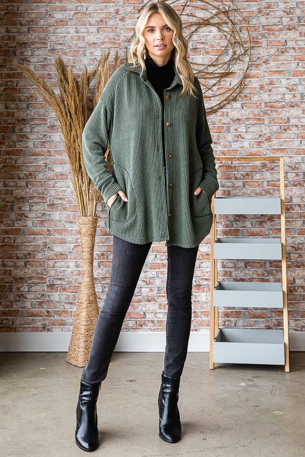 Button Down Side Pockets Long Sleeve Shacket