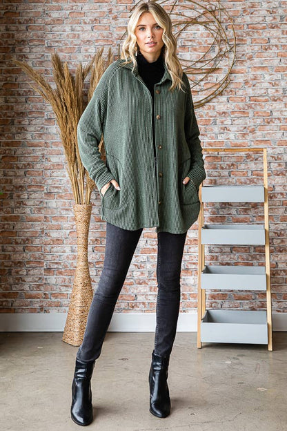 Button Down Side Pockets Long Sleeve Shacket