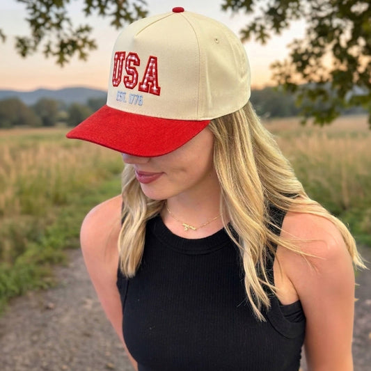 C.C Gingham Check USA EST 1776 Letter Two Tone Trucker Hat