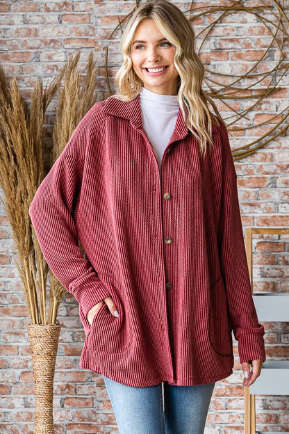 Button Down Side Pockets Long Sleeve Shacket