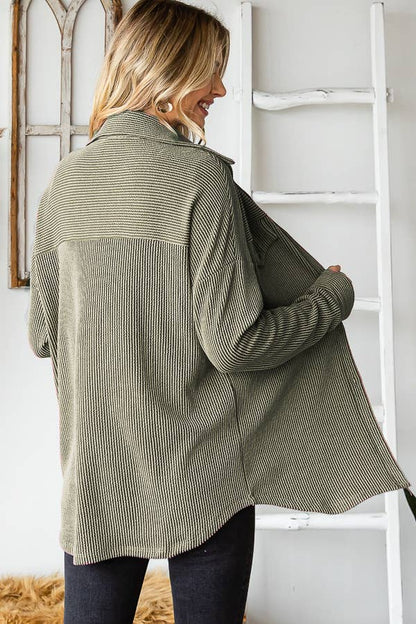 Rib Drop Shoulder Patch Pockets Button Down Shacket T4806