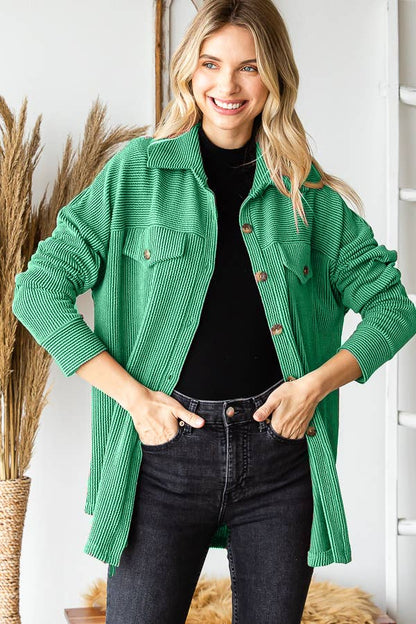 Rib Drop Shoulder Patch Pockets Button Down Shacket T4806