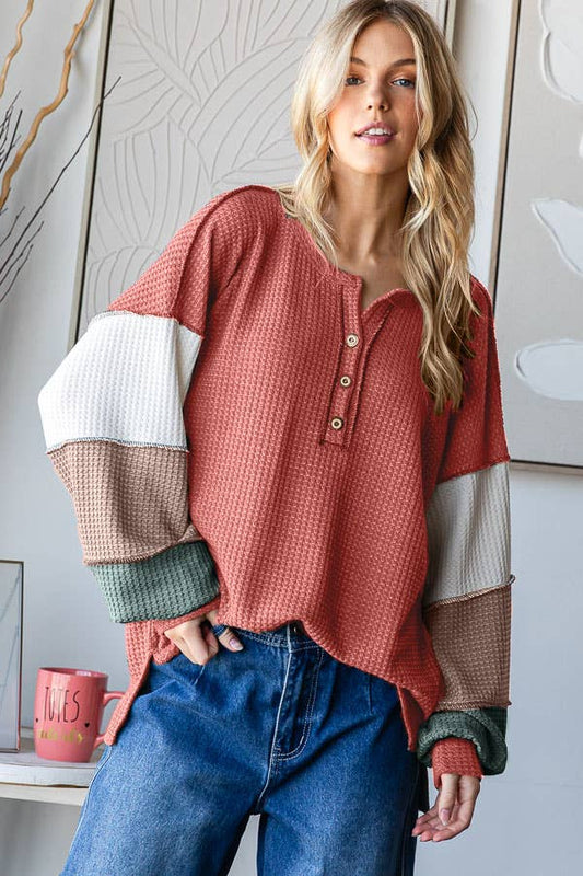 Waffle Knit Color Block Button Front Balloon Sleeve TopT5724