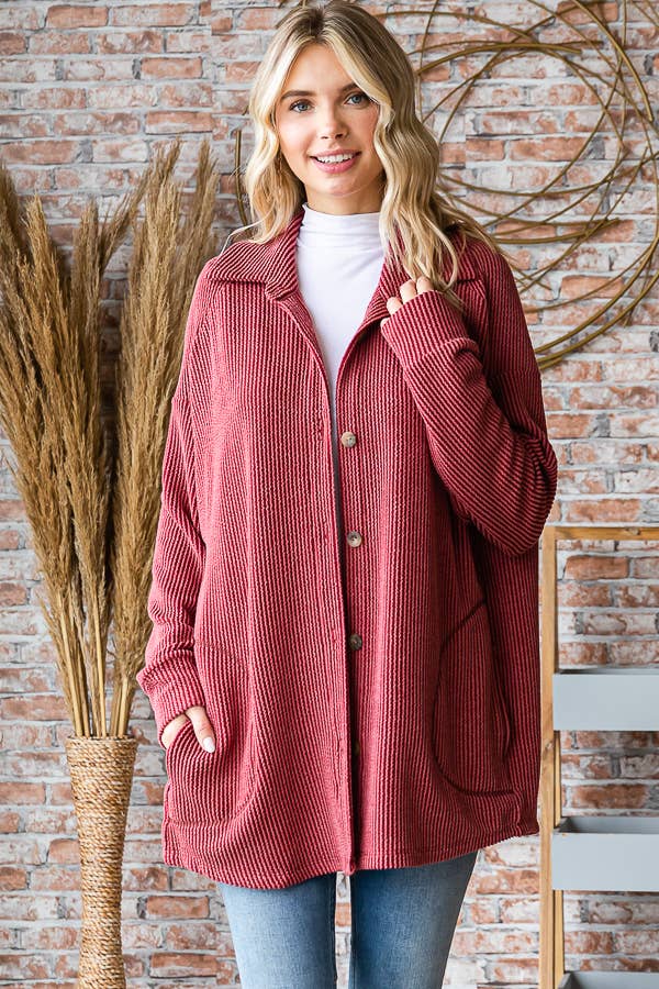 Button Down Side Pockets Long Sleeve Shacket