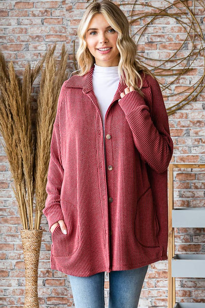 Button Down Side Pockets Long Sleeve Shacket