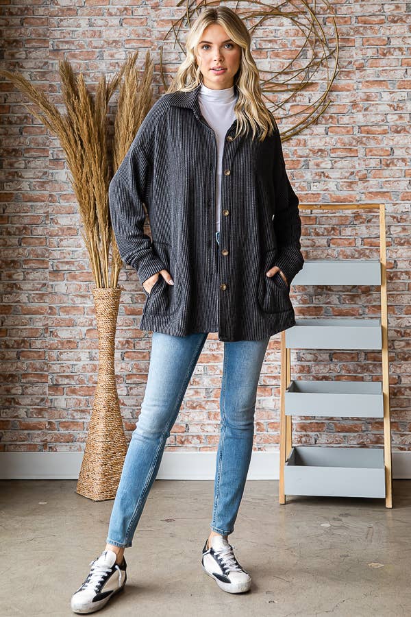 Button Down Side Pockets Long Sleeve Shacket