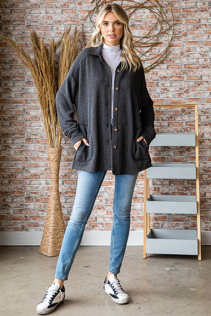 Button Down Side Pockets Long Sleeve Shacket
