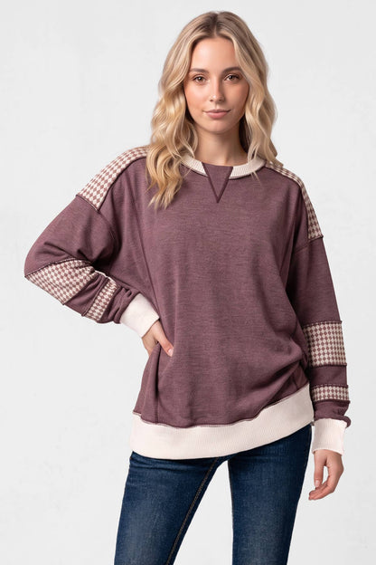 Color Block Houndstooth Contrast Sweatshirt T6490