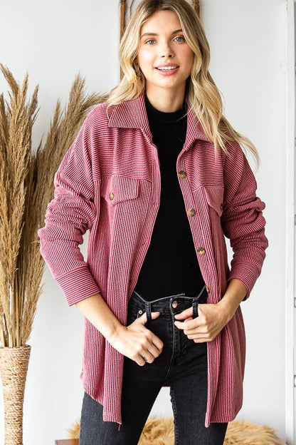 Rib Drop Shoulder Patch Pockets Button Down Shacket T4806