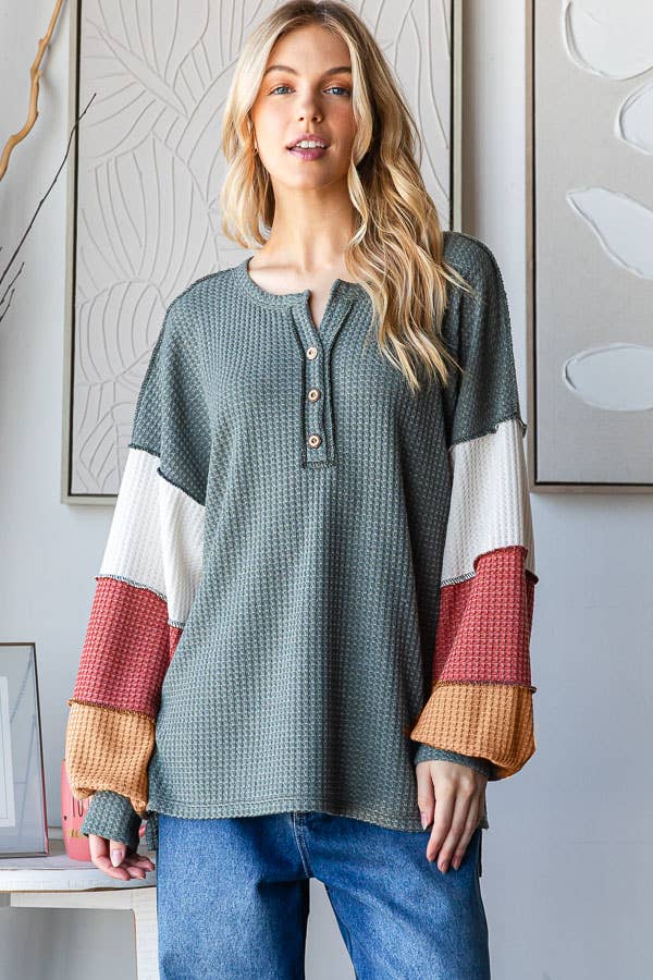 Waffle Knit Color Block Button Front Balloon Sleeve Top