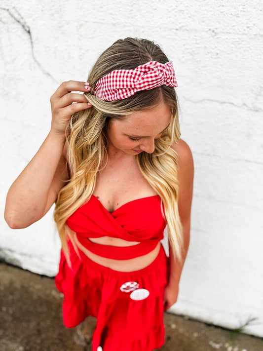 Red Gingham Structured Headband