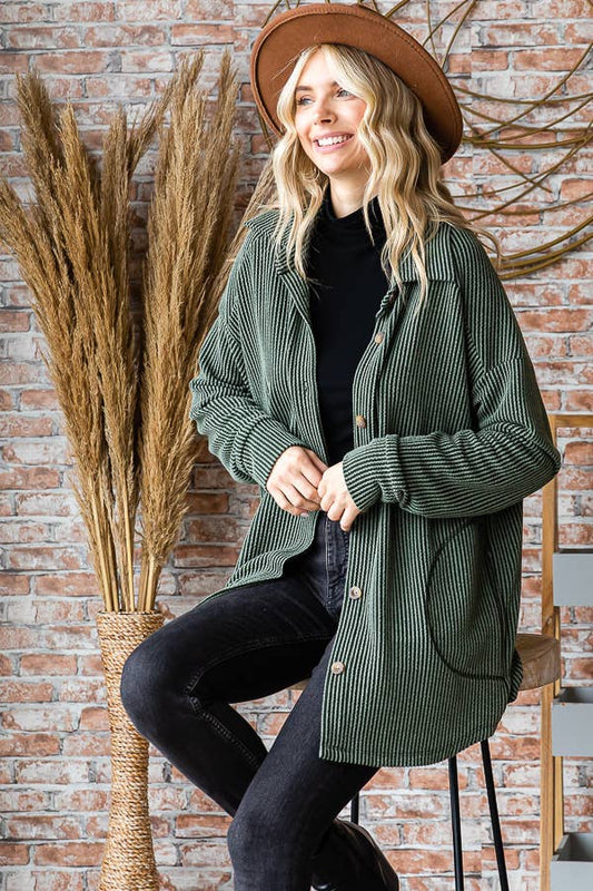 Solid Rib Button Down Side Pockets Long Sleeve Shacket T5256