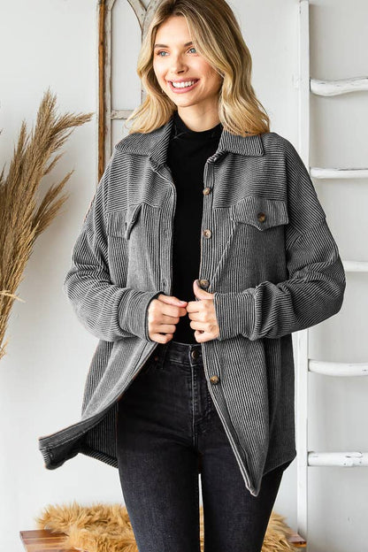 Rib Drop Shoulder Patch Pockets Button Down Shacket T4806