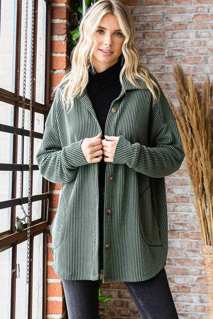 Button Down Side Pockets Long Sleeve Shacket