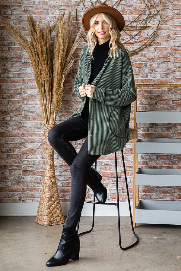 Button Down Side Pockets Long Sleeve Shacket