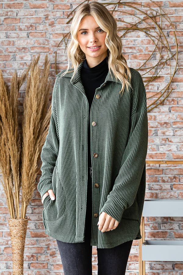 Button Down Side Pockets Long Sleeve Shacket