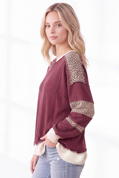 [PLUS SIZE] Leopard Print Contrast ribbed Sweatshirt T6508XL