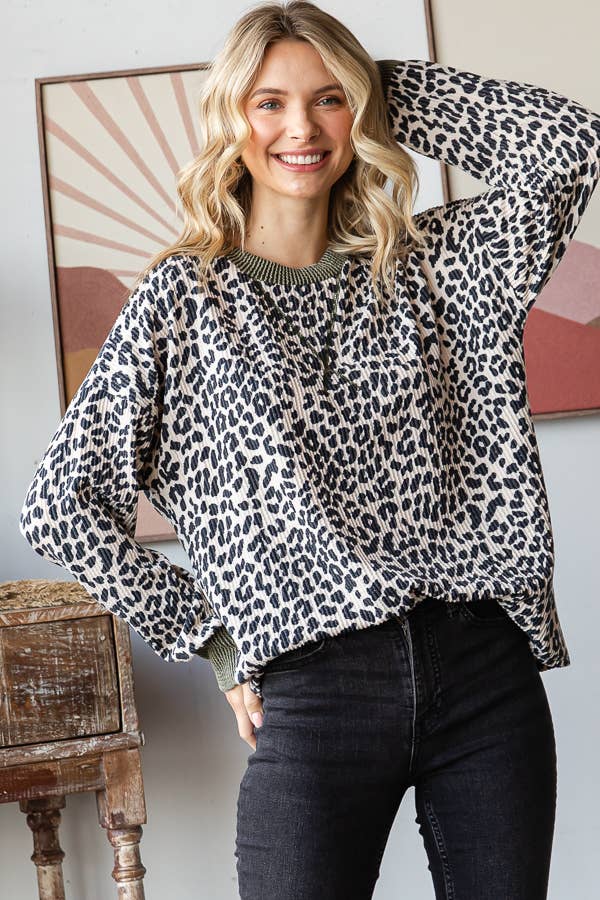 Rib Animal Print Drop Shoulder V Seam Long Sleeve Top T5817