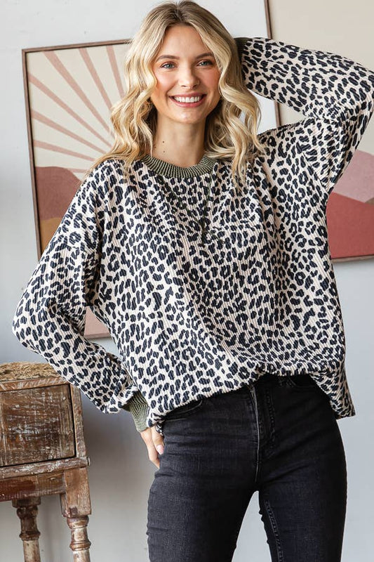 Rib Animal Print Drop Shoulder V Seam Long Sleeve Top T5817