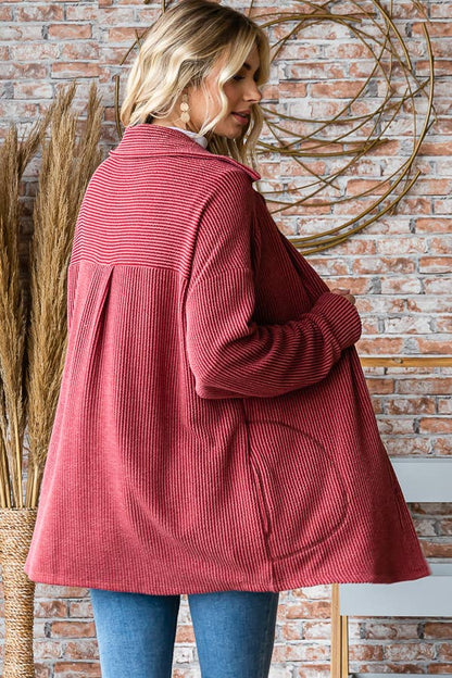 Button Down Side Pockets Long Sleeve Shacket