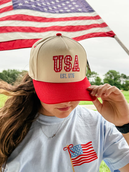 USA Gingham Checkered Two Tone Trucker Hat