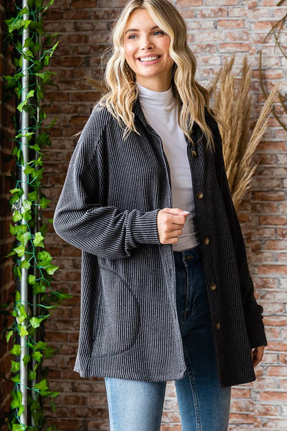 Button Down Side Pockets Long Sleeve Shacket