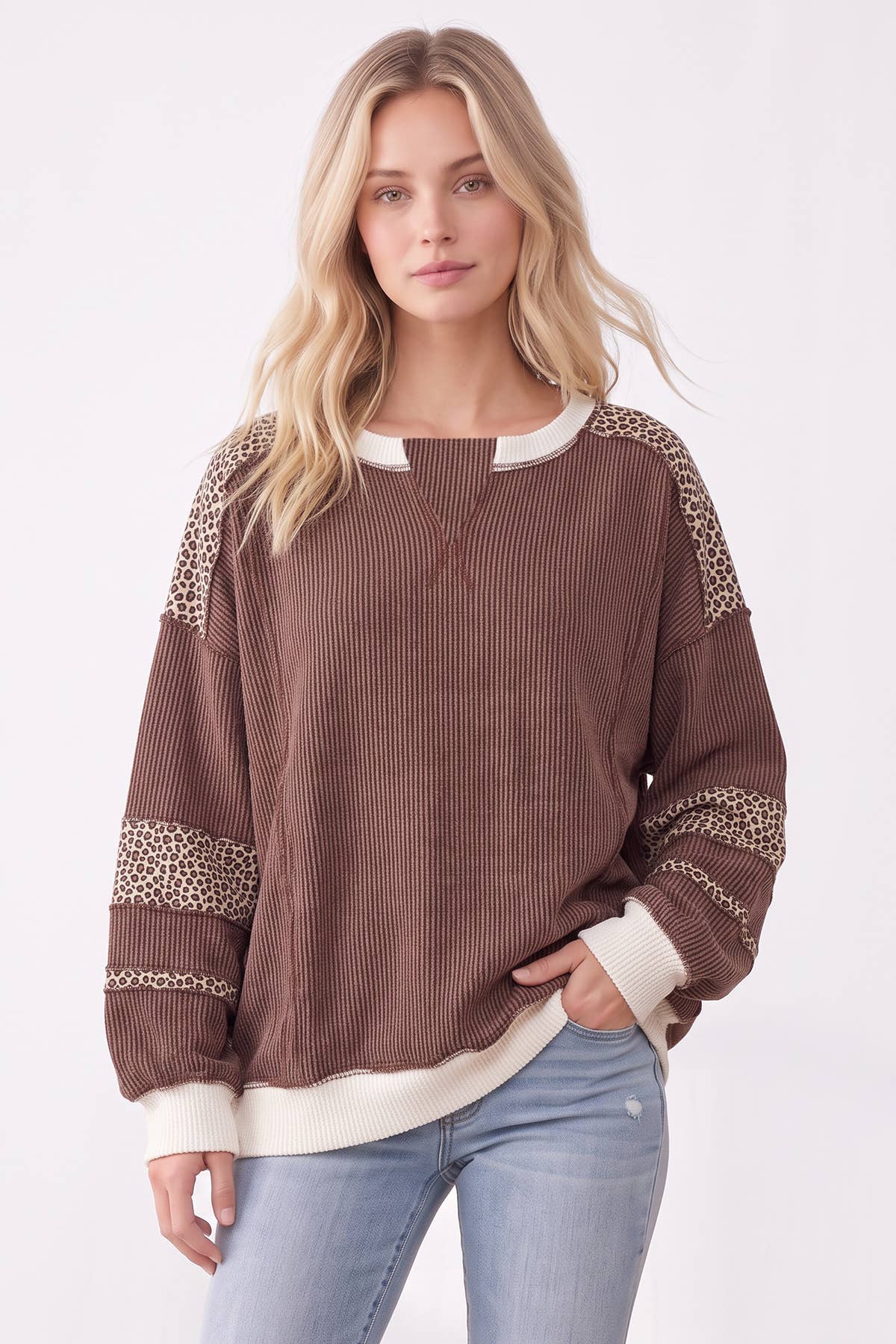 [PLUS SIZE] Leopard Print Contrast ribbed Sweatshirt T6508XL