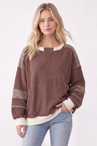 [PLUS SIZE] Leopard Print Contrast ribbed Sweatshirt T6508XL