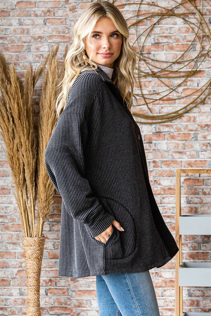 Button Down Side Pockets Long Sleeve Shacket