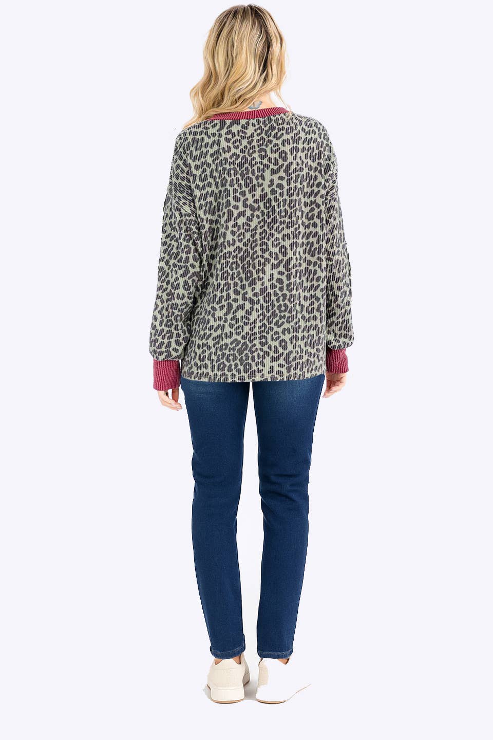 Rib Animal Print Drop Shoulder V Seam Long Sleeve Top T5817