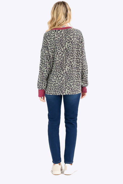 Rib Animal Print Drop Shoulder V Seam Long Sleeve Top T5817