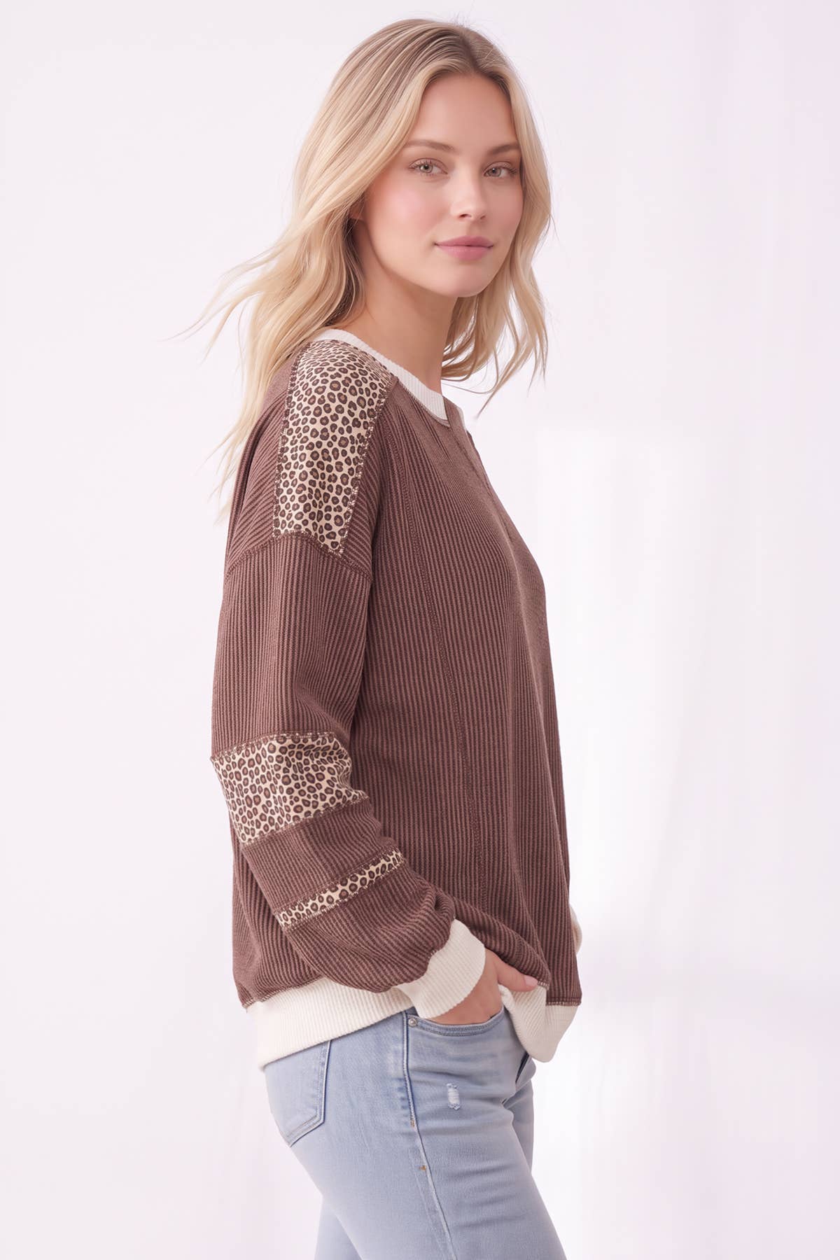 [PLUS SIZE] Leopard Print Contrast ribbed Sweatshirt T6508XL
