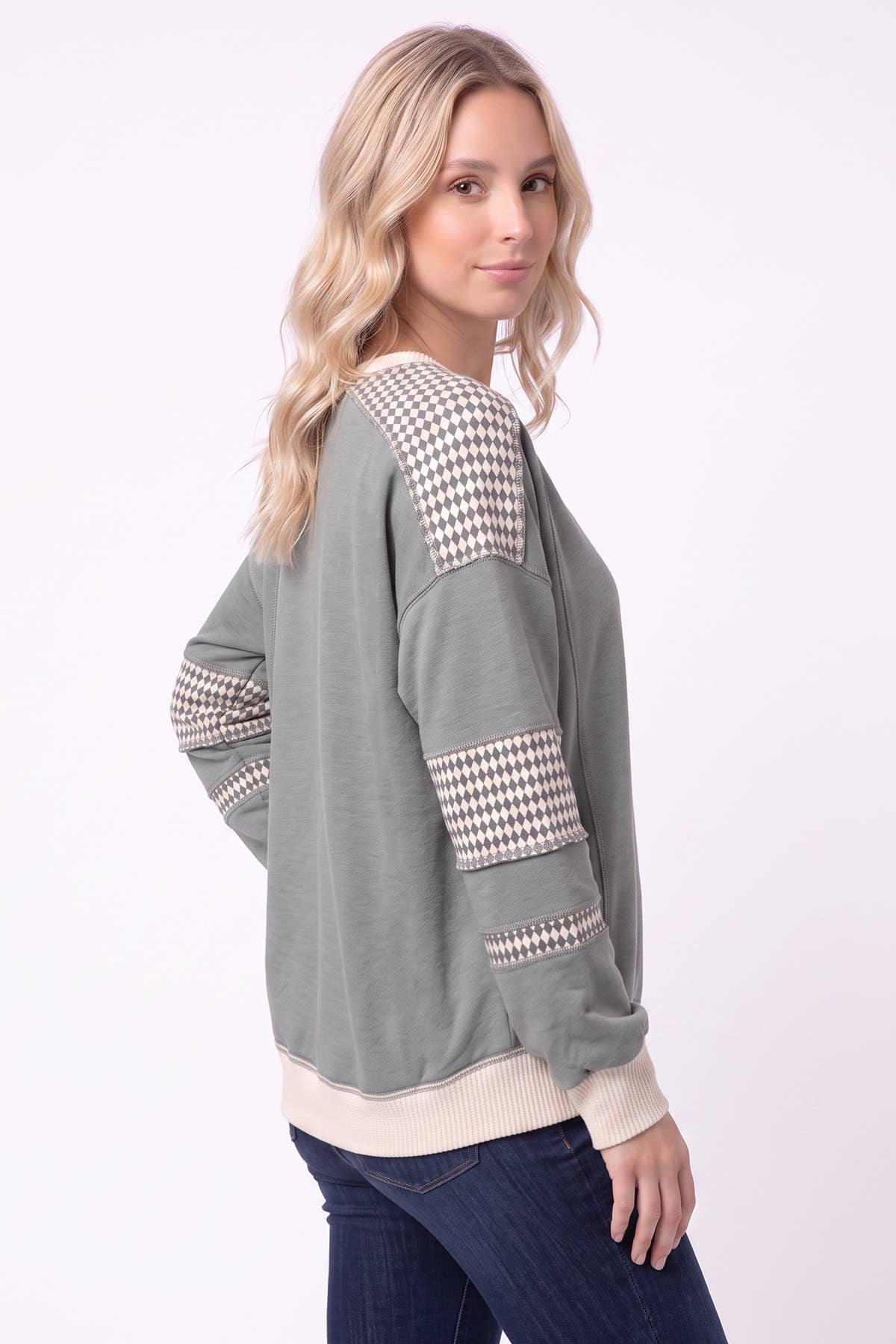 Color Block Houndstooth Contrast Sweatshirt T6490