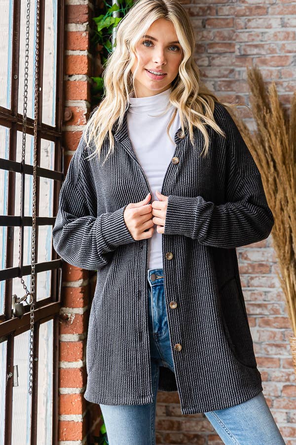 Button Down Side Pockets Long Sleeve Shacket