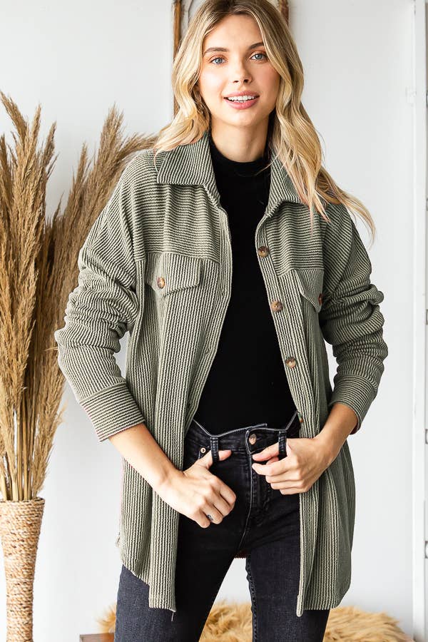 Rib Drop Shoulder Patch Pockets Button Down Shacket T4806