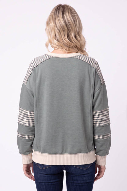 Color Block Houndstooth Contrast Sweatshirt T6490