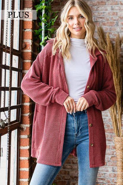 Ribbed Button-Front Cozy Cardigan – Forest Green PLUS