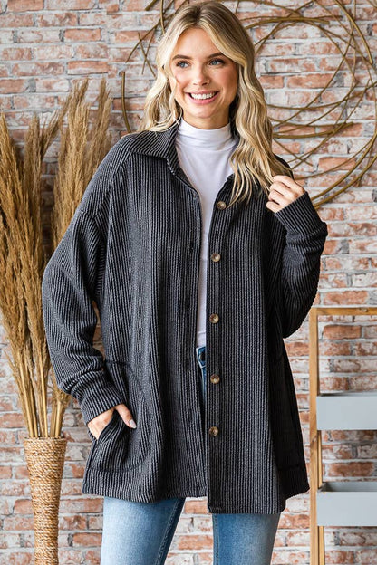 Button Down Side Pockets Long Sleeve Shacket
