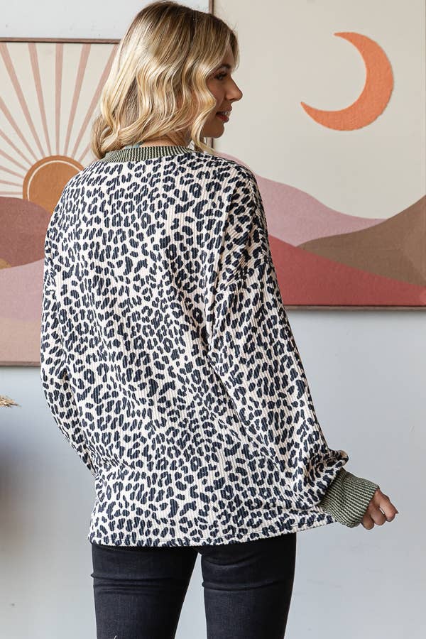 Rib Animal Print Drop Shoulder V Seam Long Sleeve Top T5817