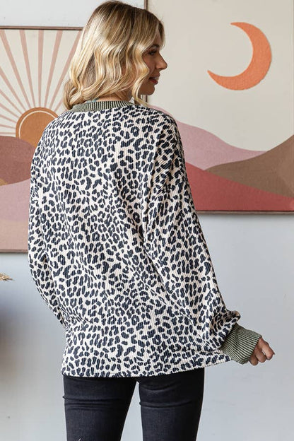 Rib Animal Print Drop Shoulder V Seam Long Sleeve Top T5817